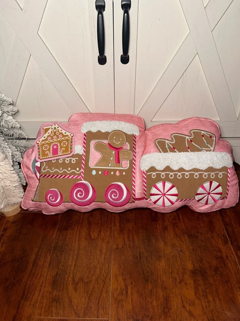 Pink Gingerbread Train Holiday Decorative Pillow